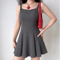 Grey Bow Strap Swing Mini Dress, Model Wearing Front Lifestyle View | Lifestyle