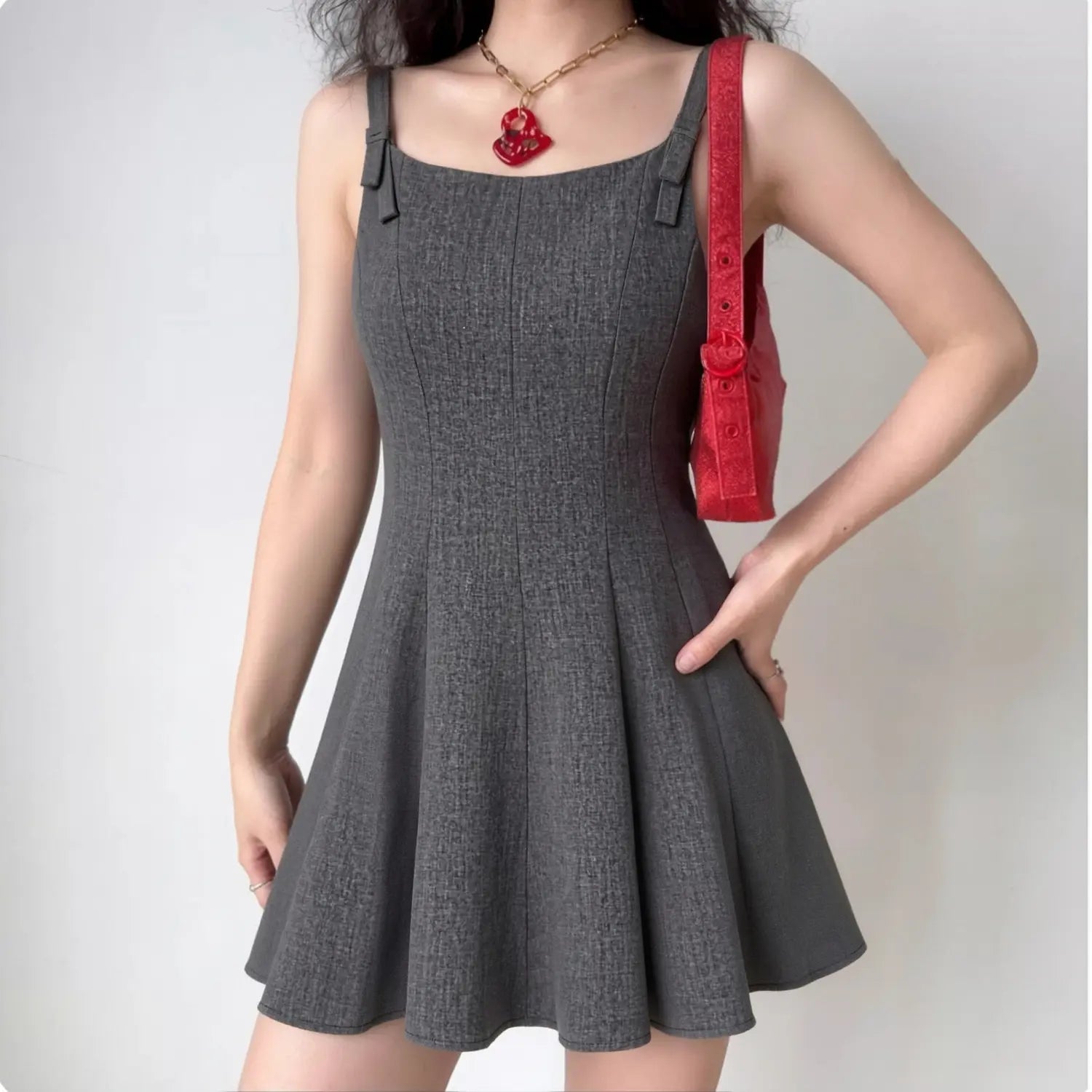 Grey Bow Strap Swing Mini Dress, Model Wearing Front Lifestyle View | Lifestyle