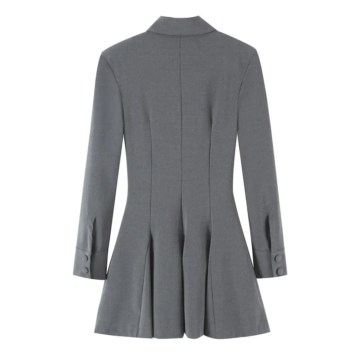 Grey collared button front pleated mini dress, back flat lay