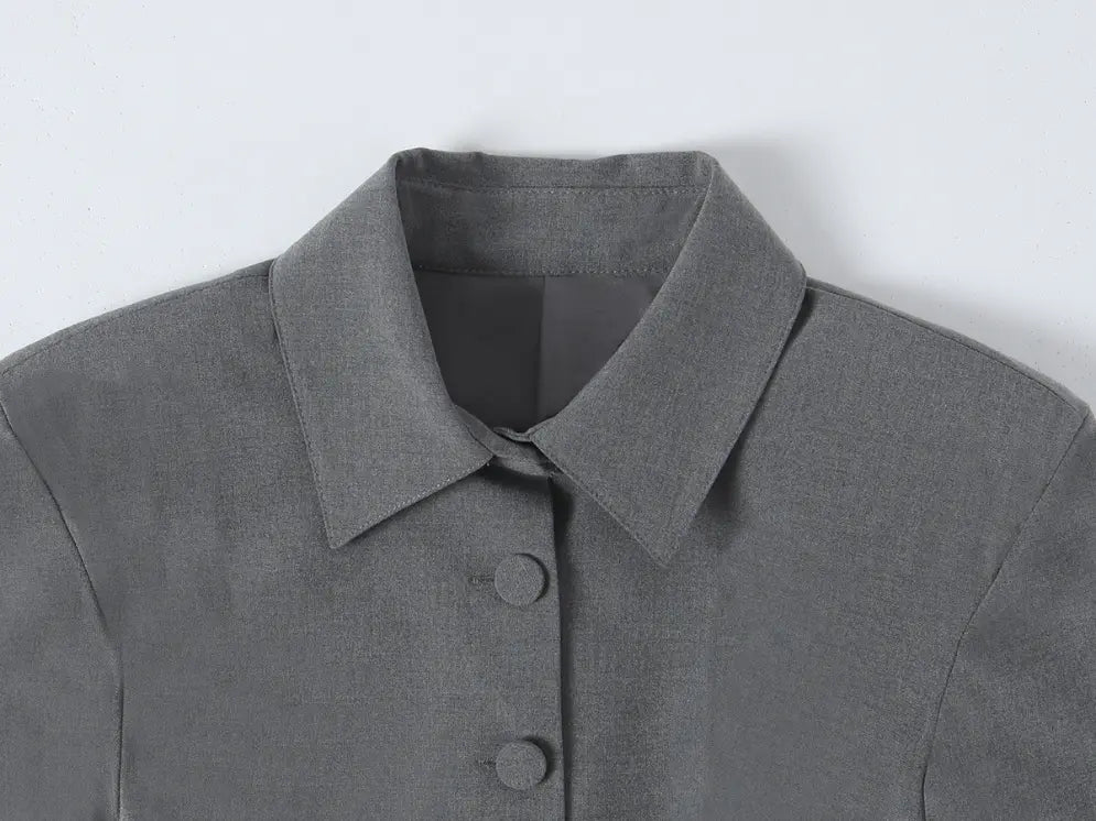 Close-up of pointed collar and button placket