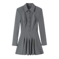 Grey collared button front pleated mini dress, front flat lay