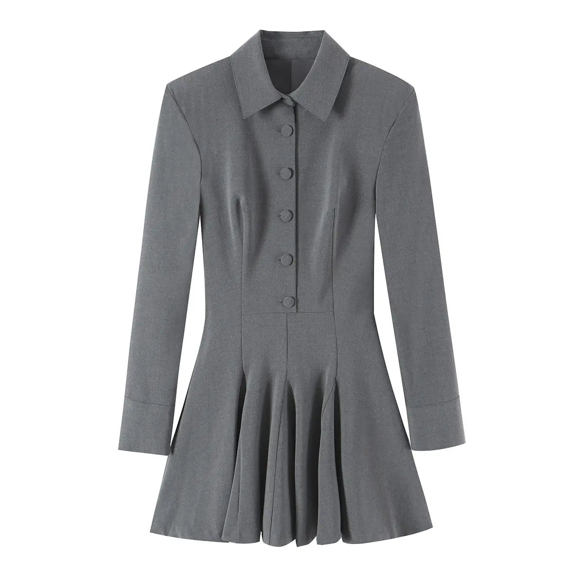Grey collared button front pleated mini dress, front flat lay