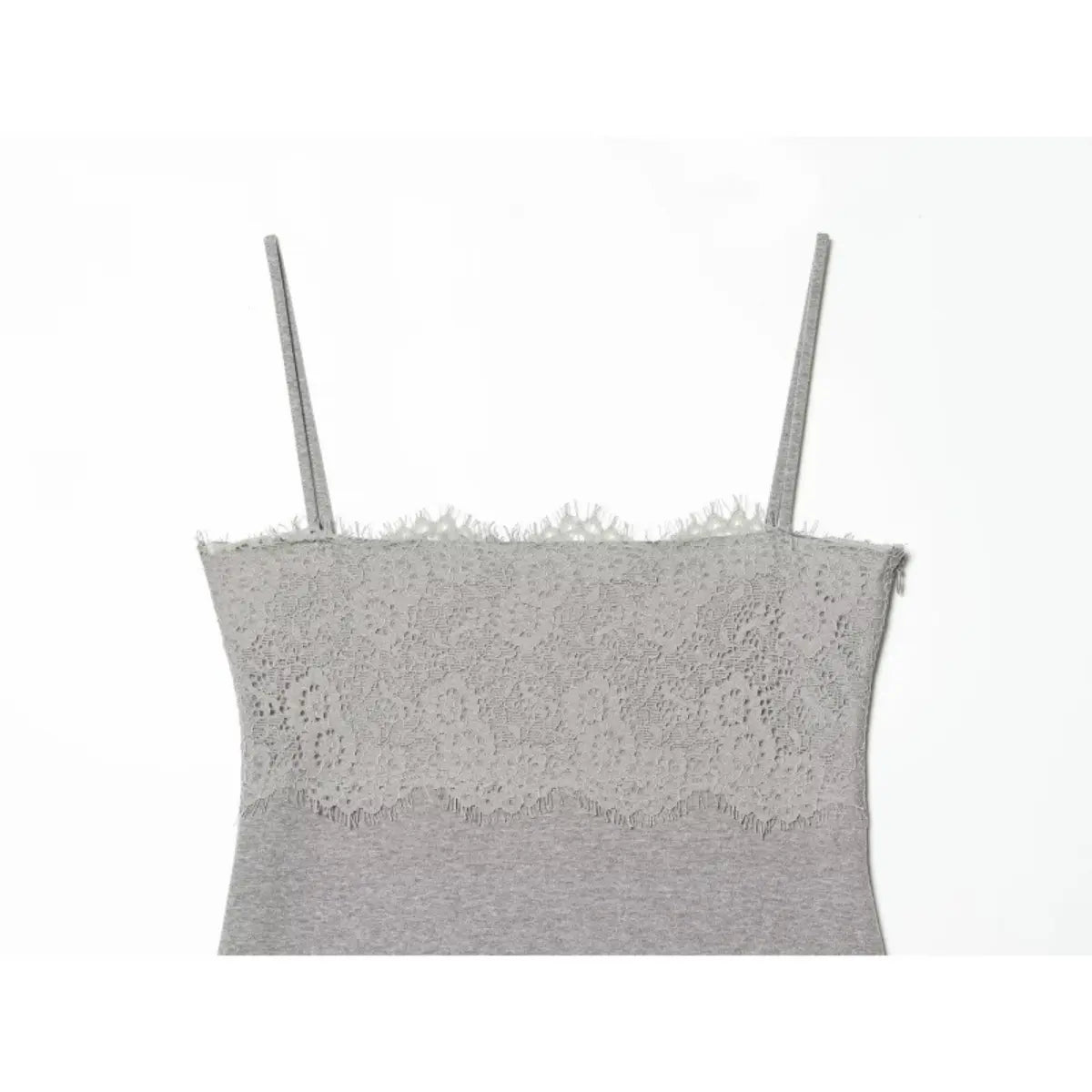 Front view of the grey lace-trimmed cami dress, showing the spaghetti straps, scalloped lace bodice, and smooth knit fabric