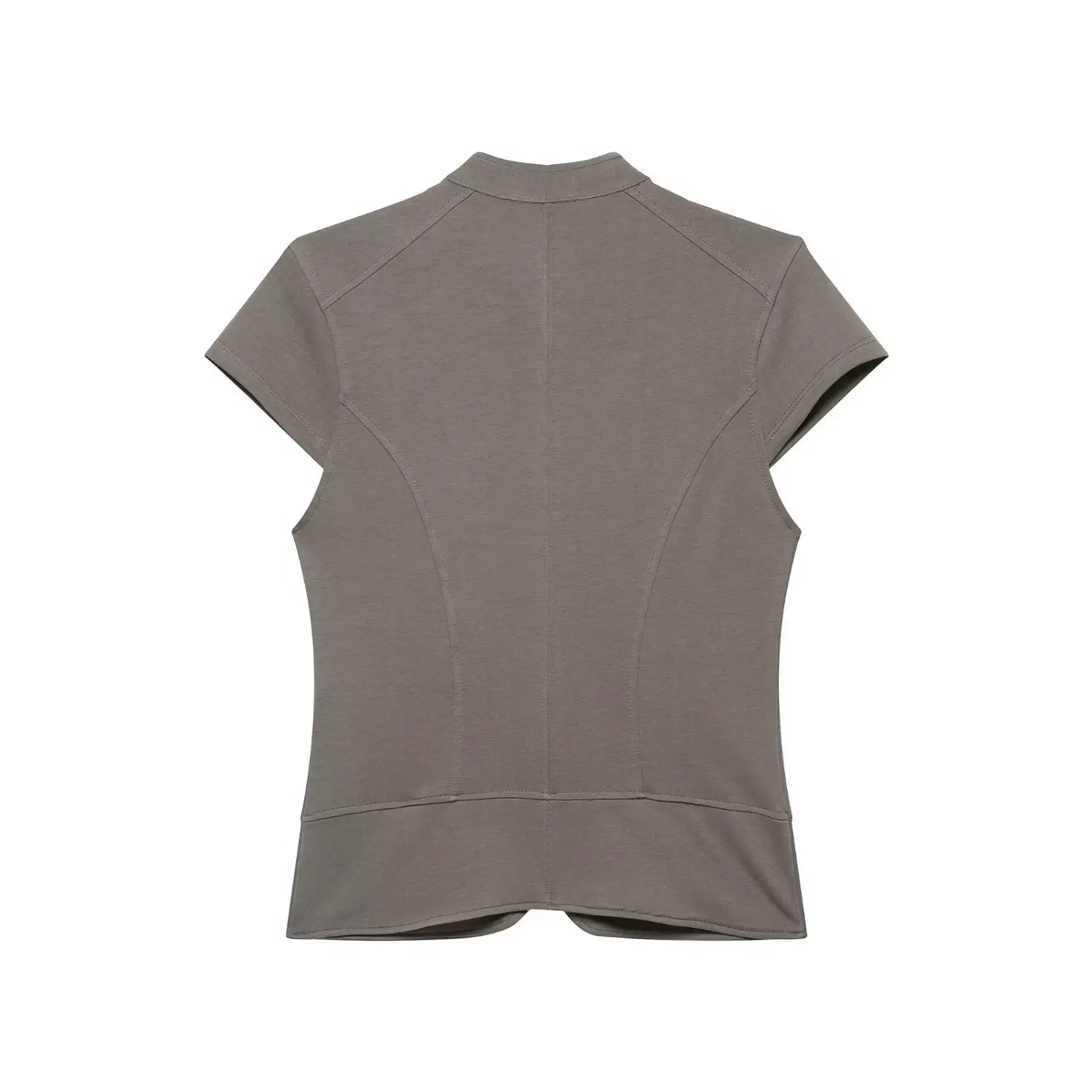 Flat lay back view grey fitted military top, princess seam stitching, stand collar, short cap sleeves, white background