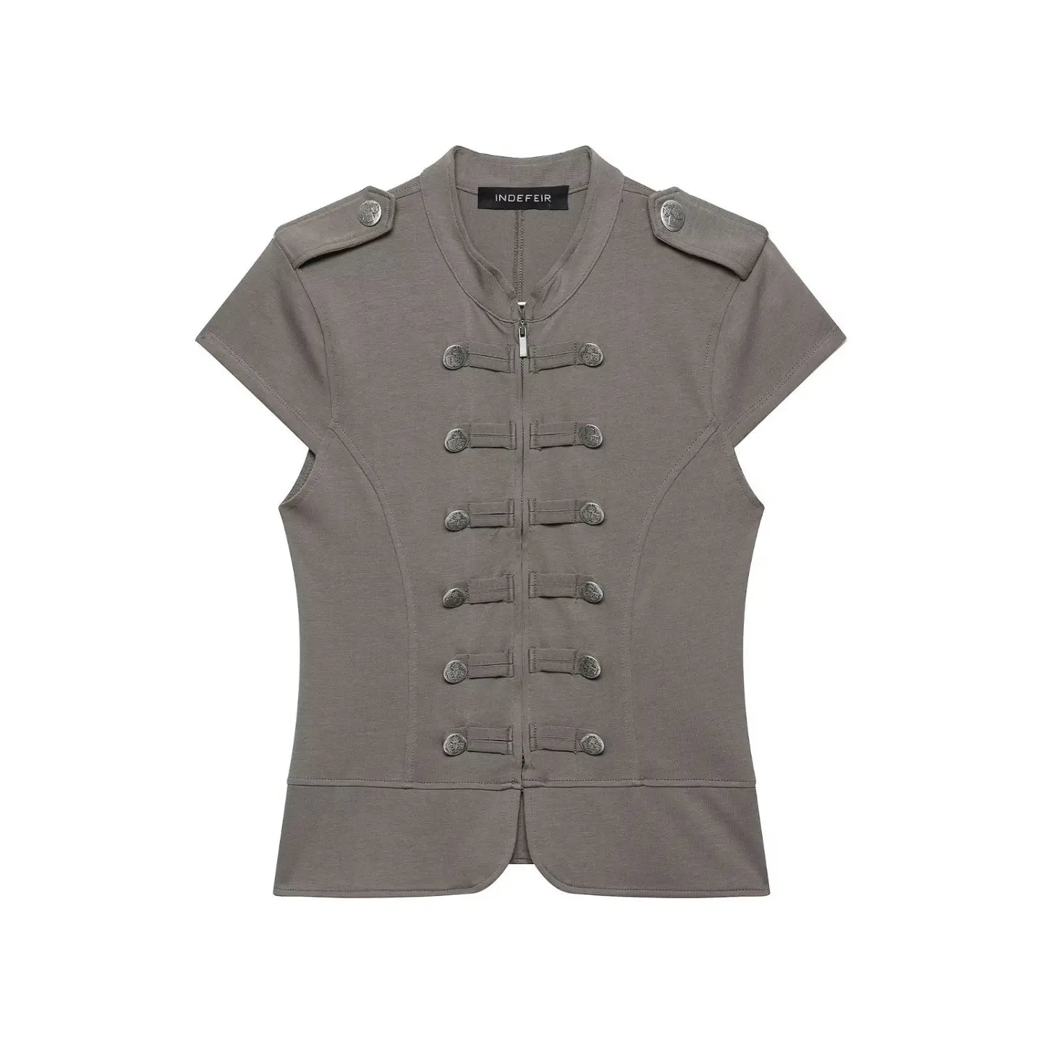 Flat lay front view grey military inspired fitted top, epaulet shoulder detail, double breasted metal buttons, white background