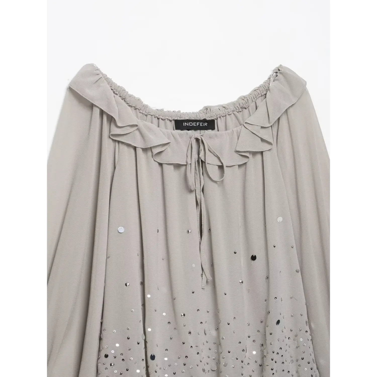 Front close‑up, ruffle off‑shoulder neck with drawstring tie, gradient scattered silver sequins on grey chiffon dress