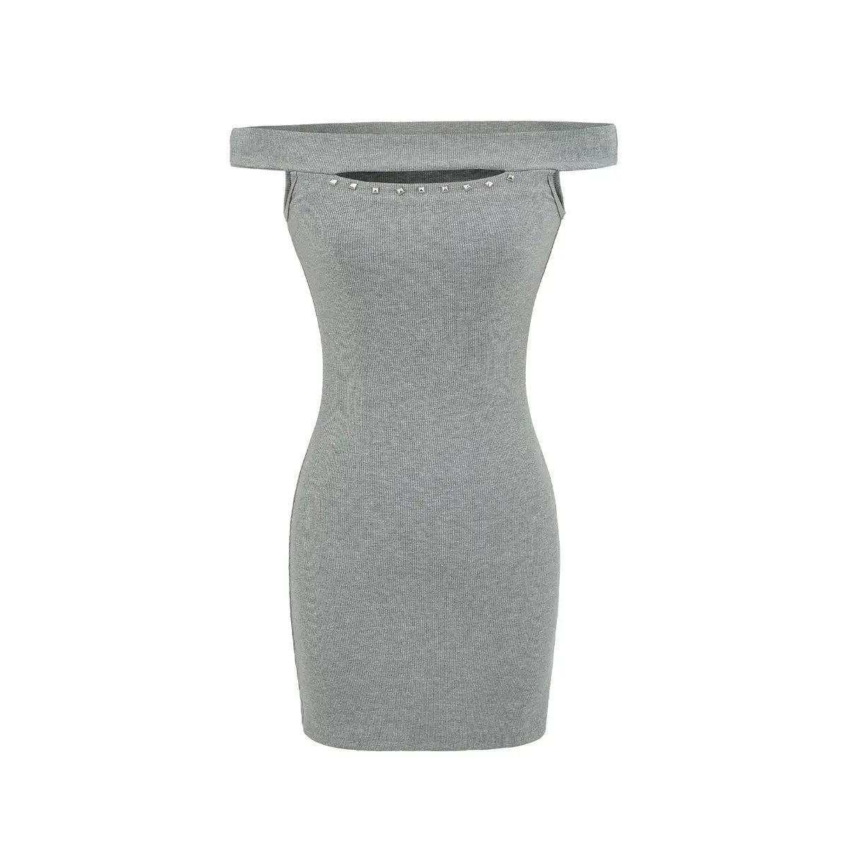 Studio product shot of a grey ribbed off-shoulder mini dress with stud details, showing the full silhouette.