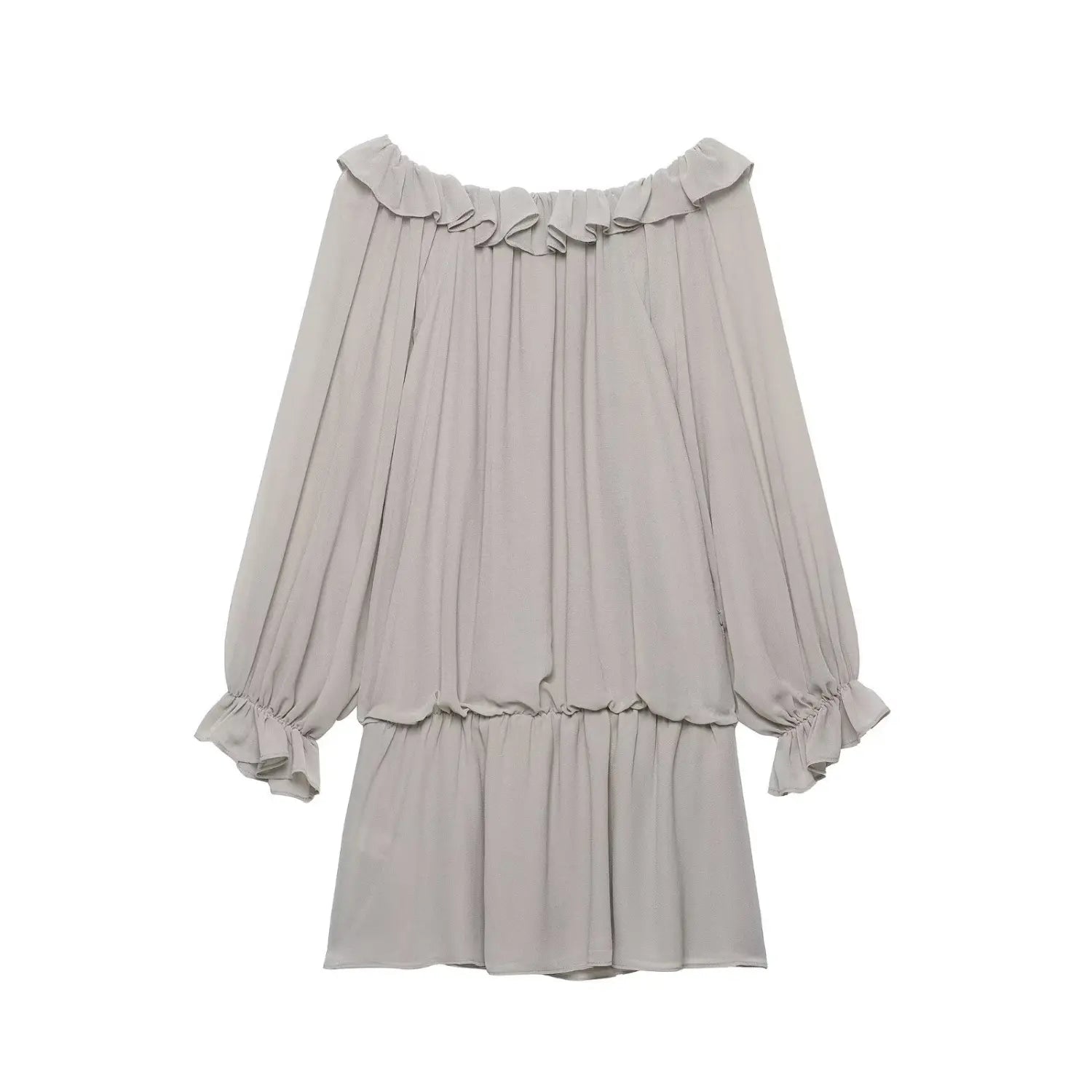 Flat‑lay back view grey chiffon off‑shoulder mini dress, ruffle trim neckline, long balloon sleeves, tiered flowy skirt, no sequins