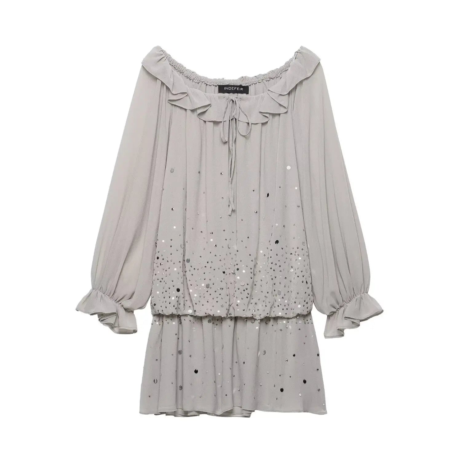 Flat‑lay front view grey off‑shoulder mini dress, ruffle neckline, tie‑knot detail, gradient silver sequins, long ruffle cuff sleeves