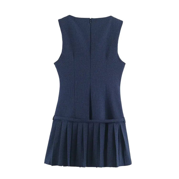 Grid check belted pleated sleeveless mini dress, back flat lay