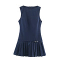 Grid check belted pleated sleeveless mini dress, front flat lay