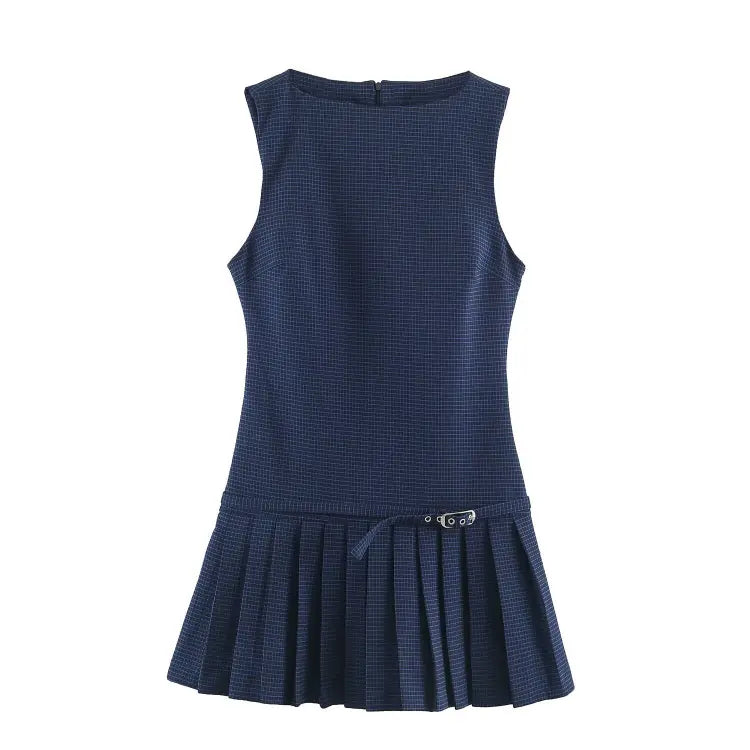 Grid check belted pleated sleeveless mini dress, front flat lay