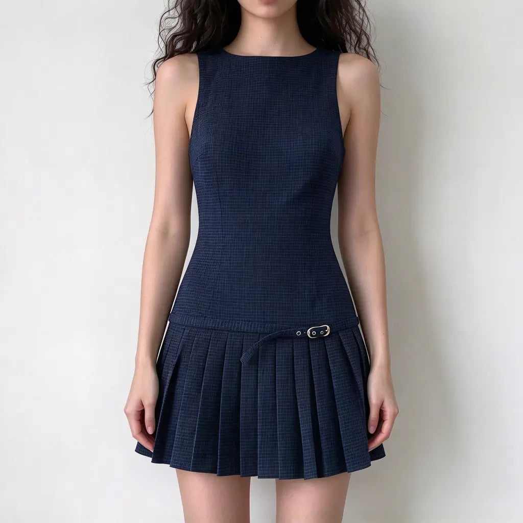 Model wearing grid check belted pleated sleeveless mini dress, front view