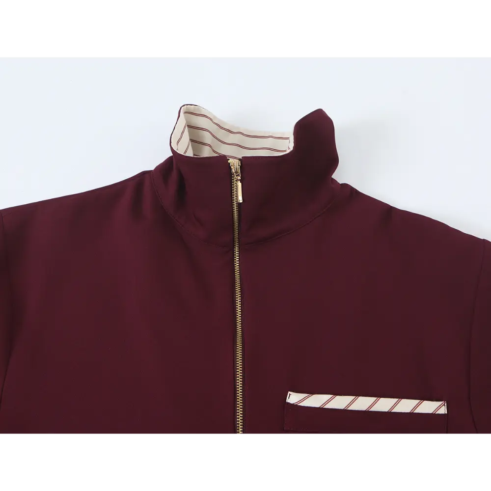 Close-up of stand collar, gold half zip and striped lining