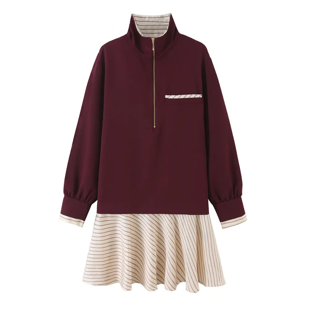 Half zip striped flounce mini dress, front flat lay