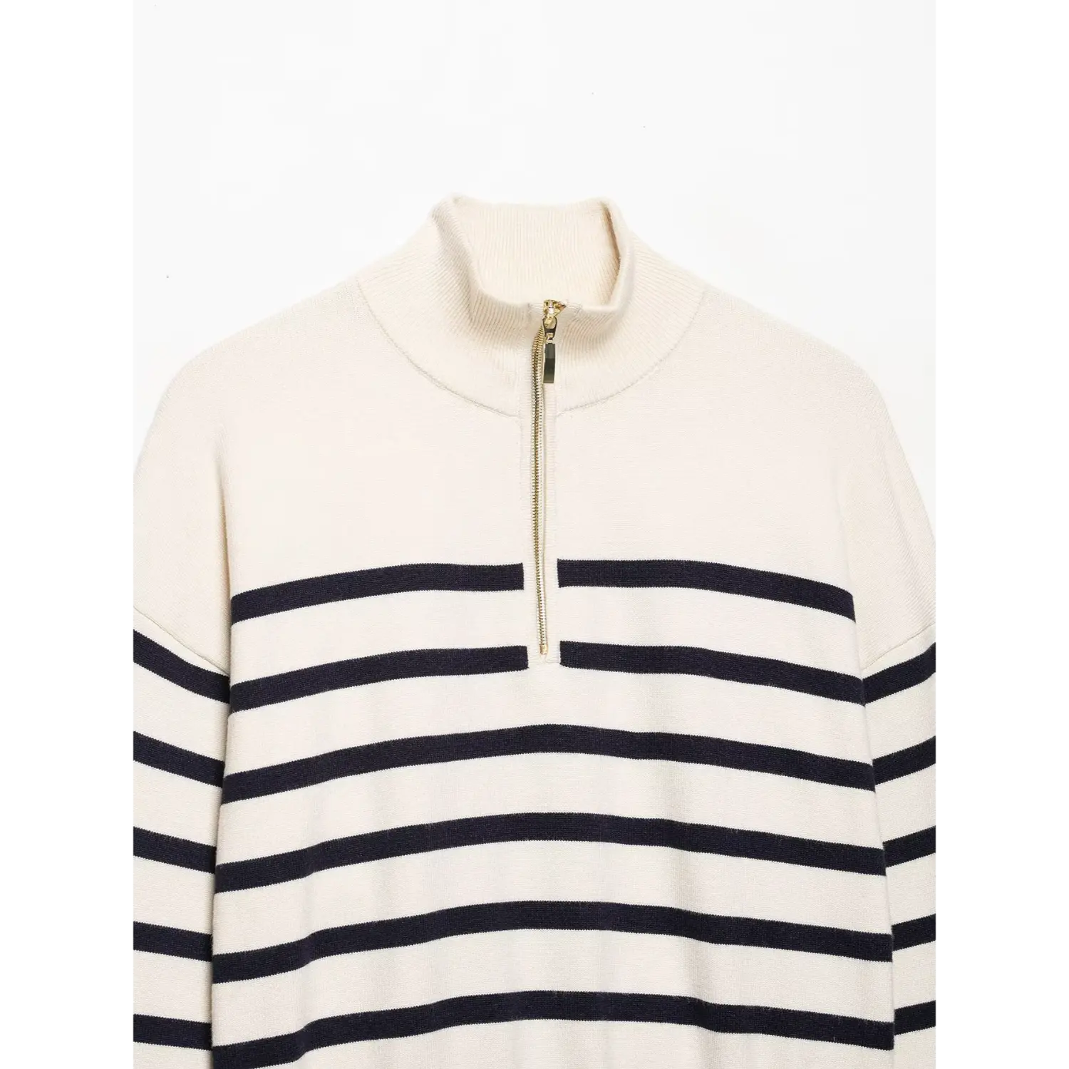 Front upper view, cream navy striped knit sweater with gold metal half‑zip stand collar
