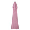Dusty rose front flat lay of halter cowl neck slinky slip maxi dress
