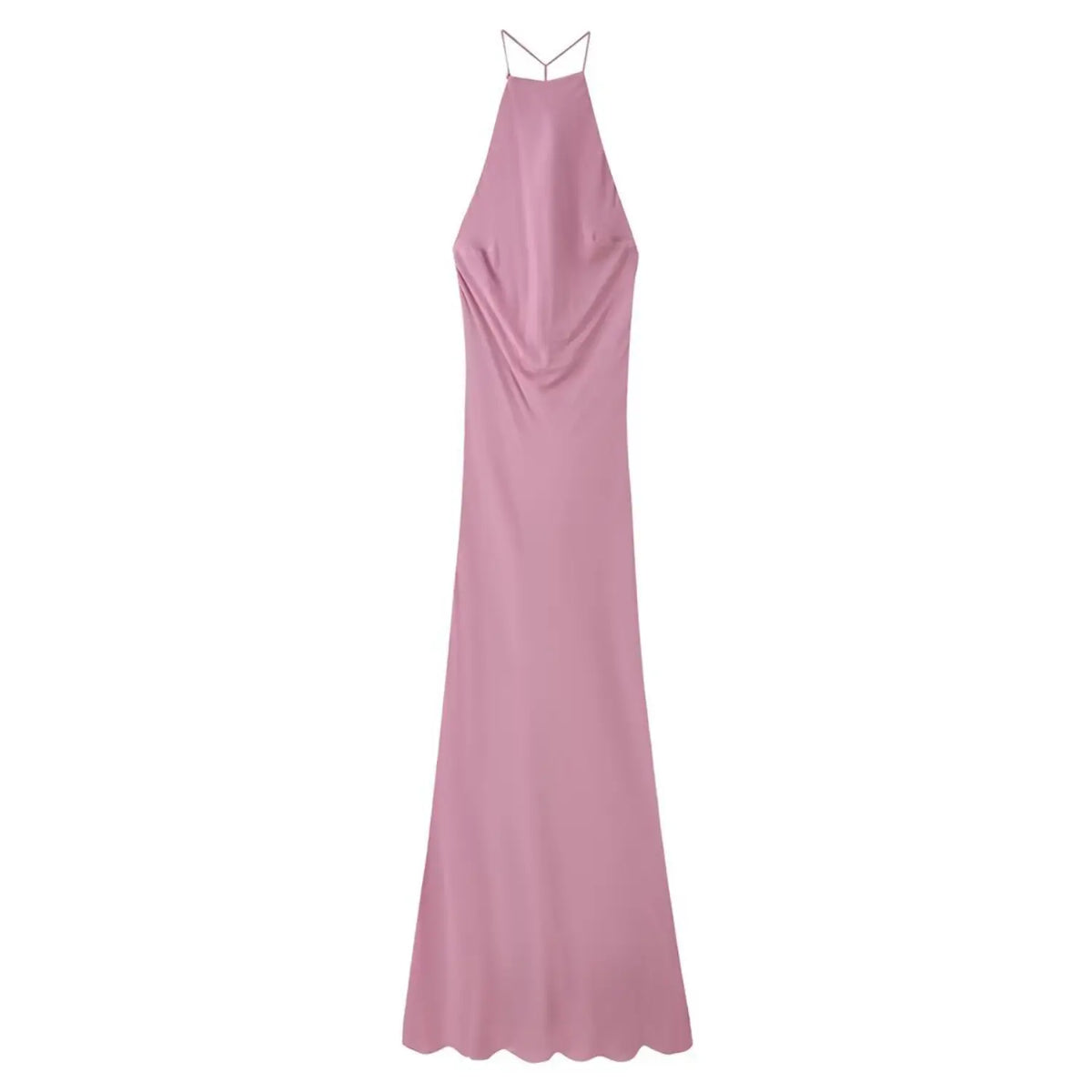 Dusty rose front flat lay of halter cowl neck slinky slip maxi dress