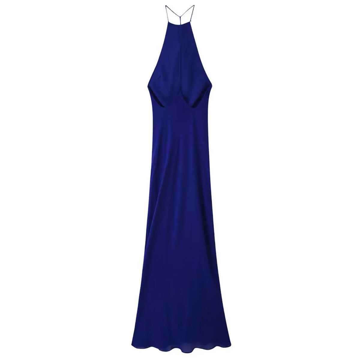 Royal blue back flat lay of halter cowl neck slinky slip maxi dress