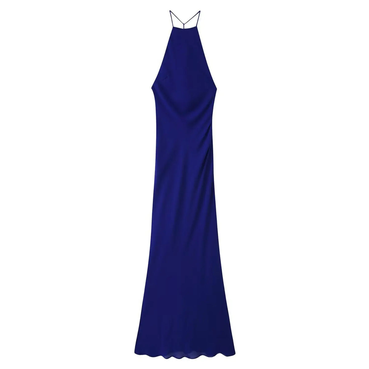 Royal blue front flat lay of halter cowl neck slinky slip maxi dress
