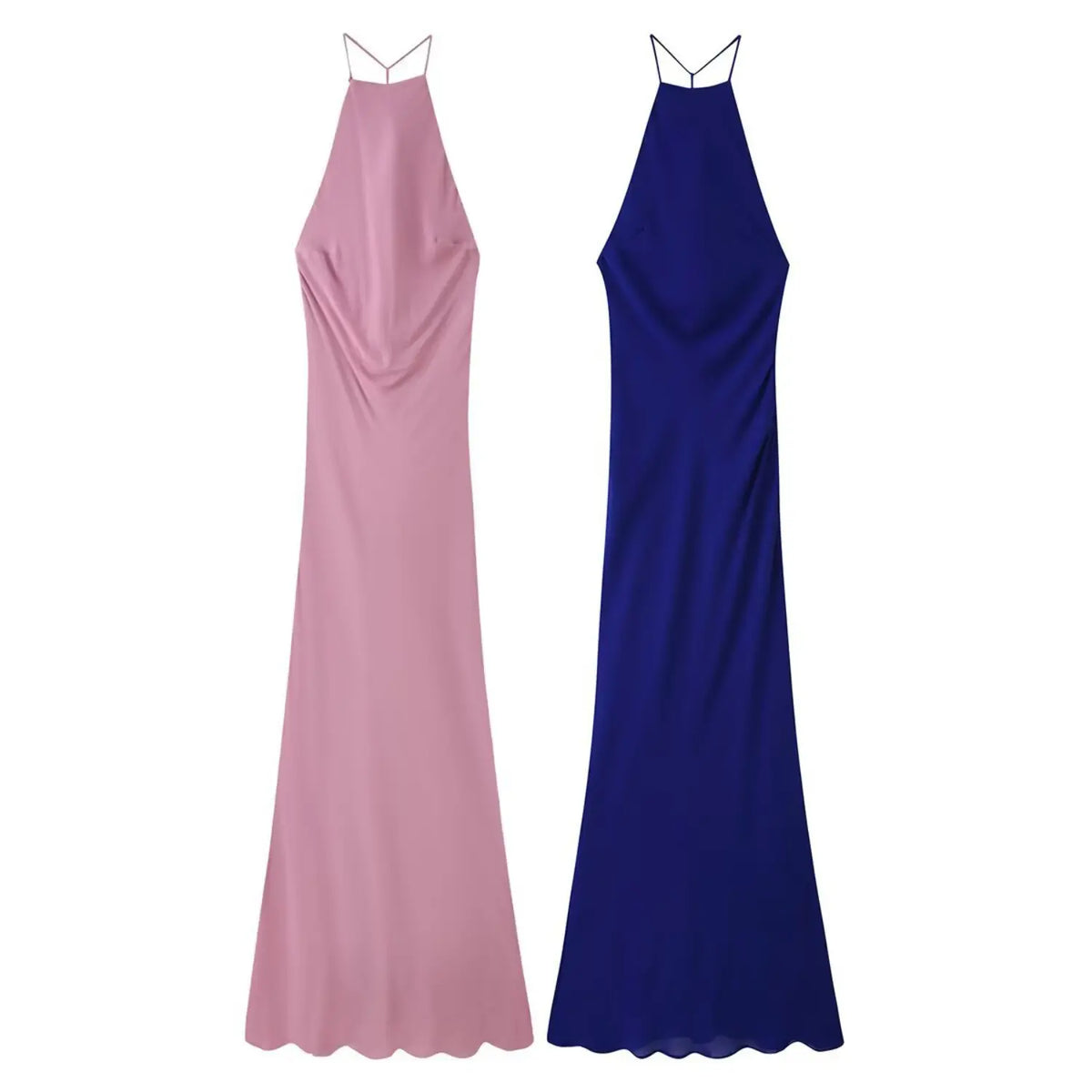 Two-color front flat lay of halter cowl neck slinky slip maxi dress