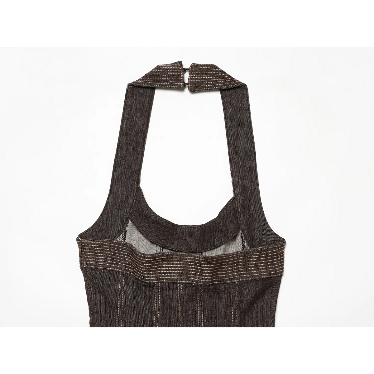 Close‑up back neck part, halter strap and bodice stitching detail of dark brown denim maxi dress