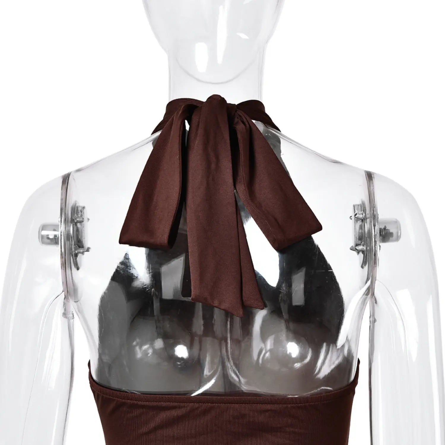 Back tie bow closeup, open back halter short dress for women