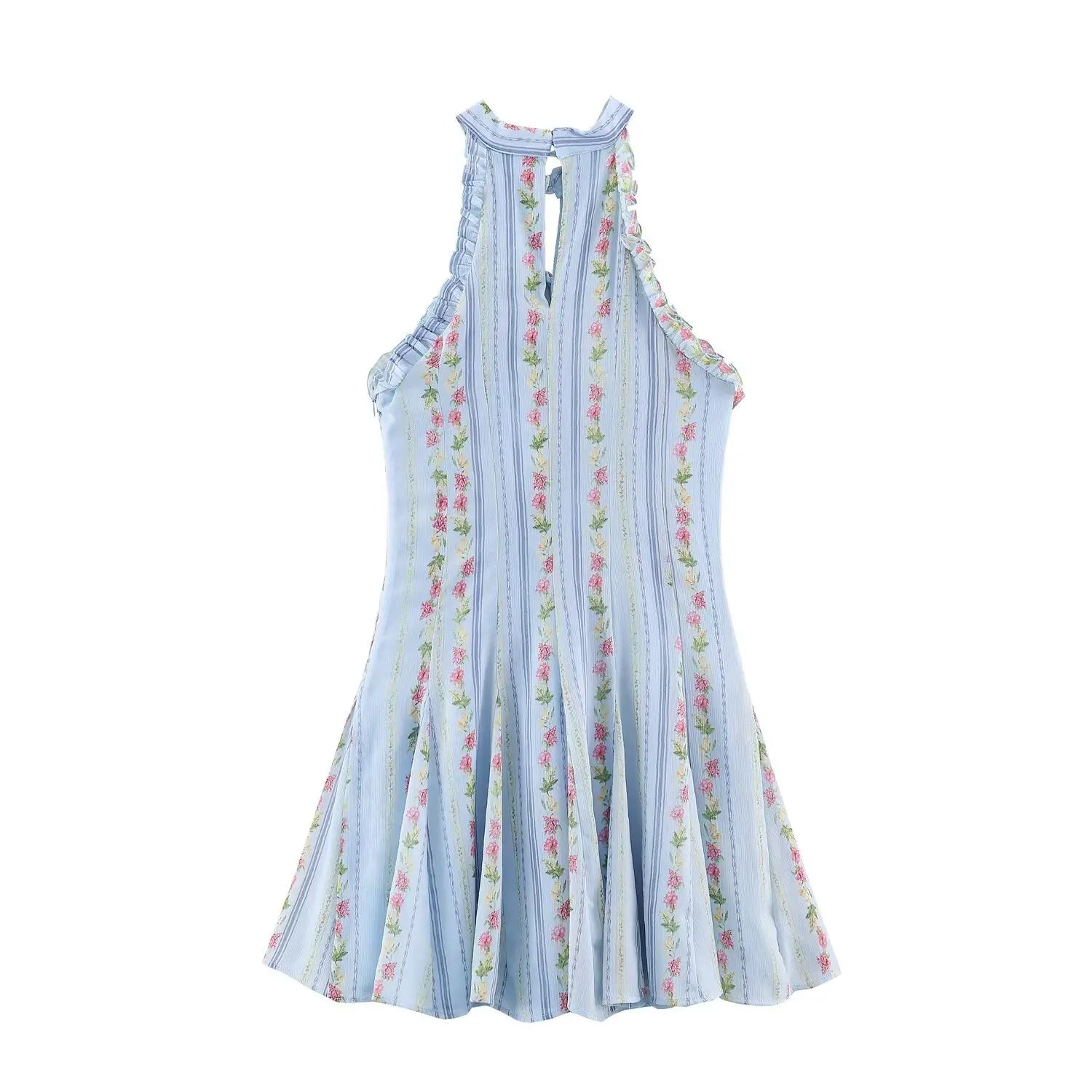 Complete dress back flat lay shot, large hollow oval back cutout, back neck button closure, uniform floral stripe fabric