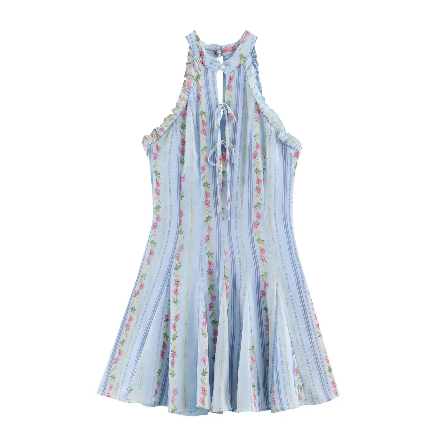 Whole dress front flat lay main view, halter ruffle neck, front keyhole self tie, fitted waist flared mini skirt, vertical stripe pink flower print