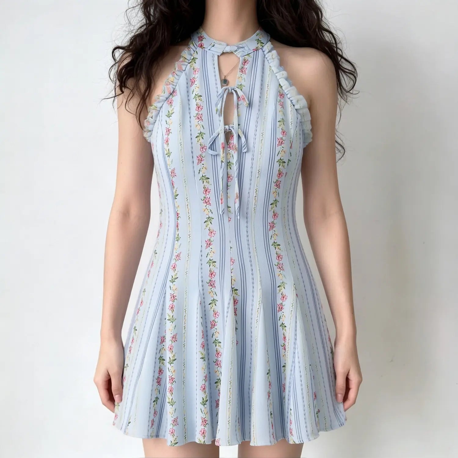 Front lifestyle shot on model, feminine halter sundress, show real wearing effect, fresh summer daily outfit
