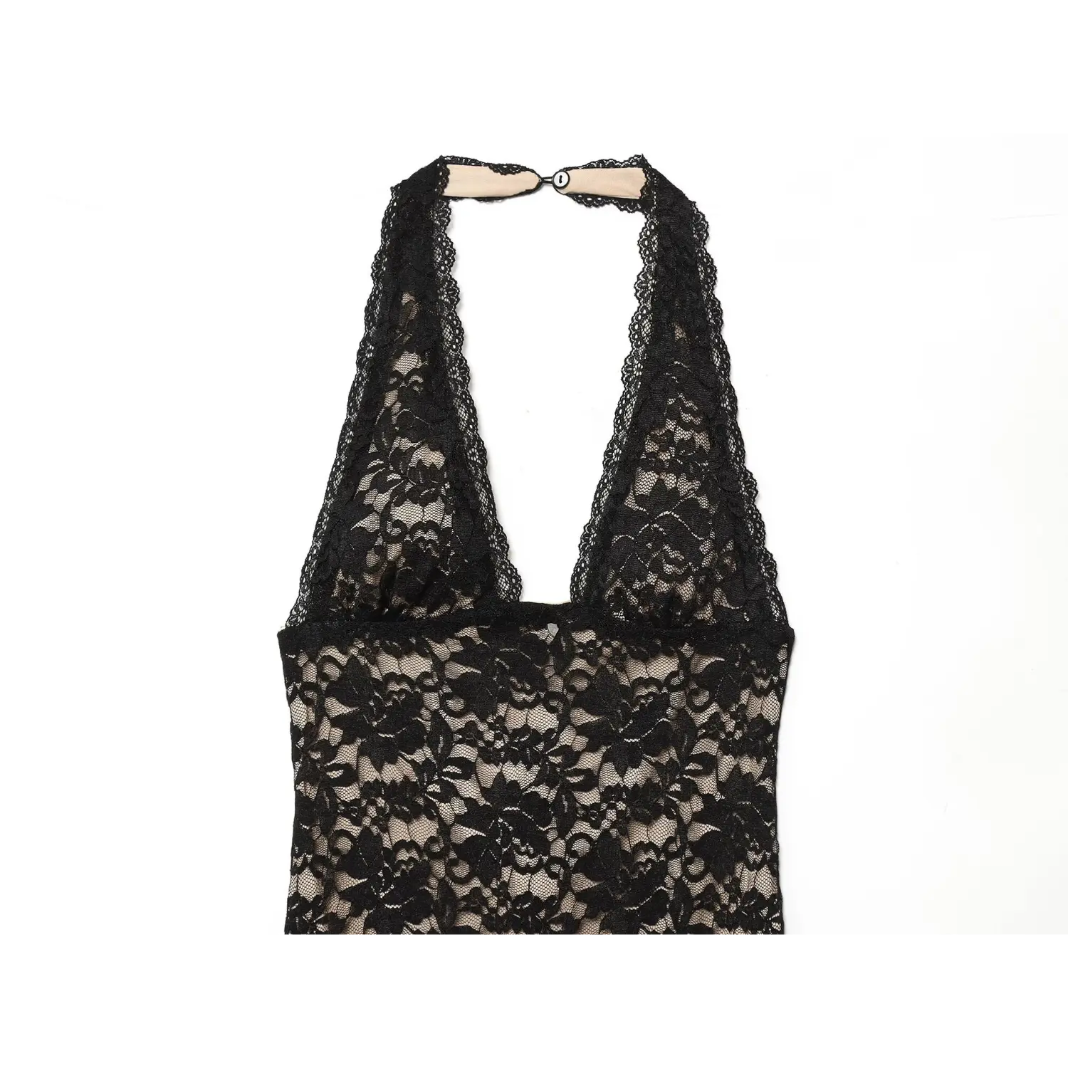 Close‑up halter neck and bust area black floral lace maxi dress scalloped lace trim