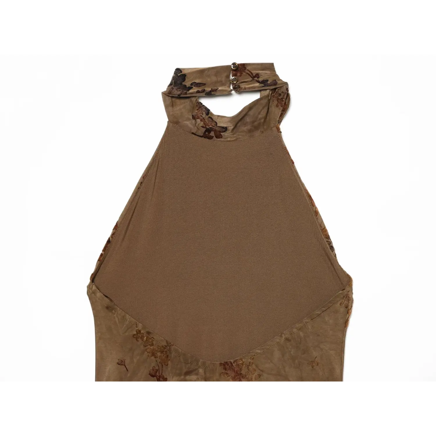 Close‑up of solid brown inner bodice and sheer floral overlay at front neckline