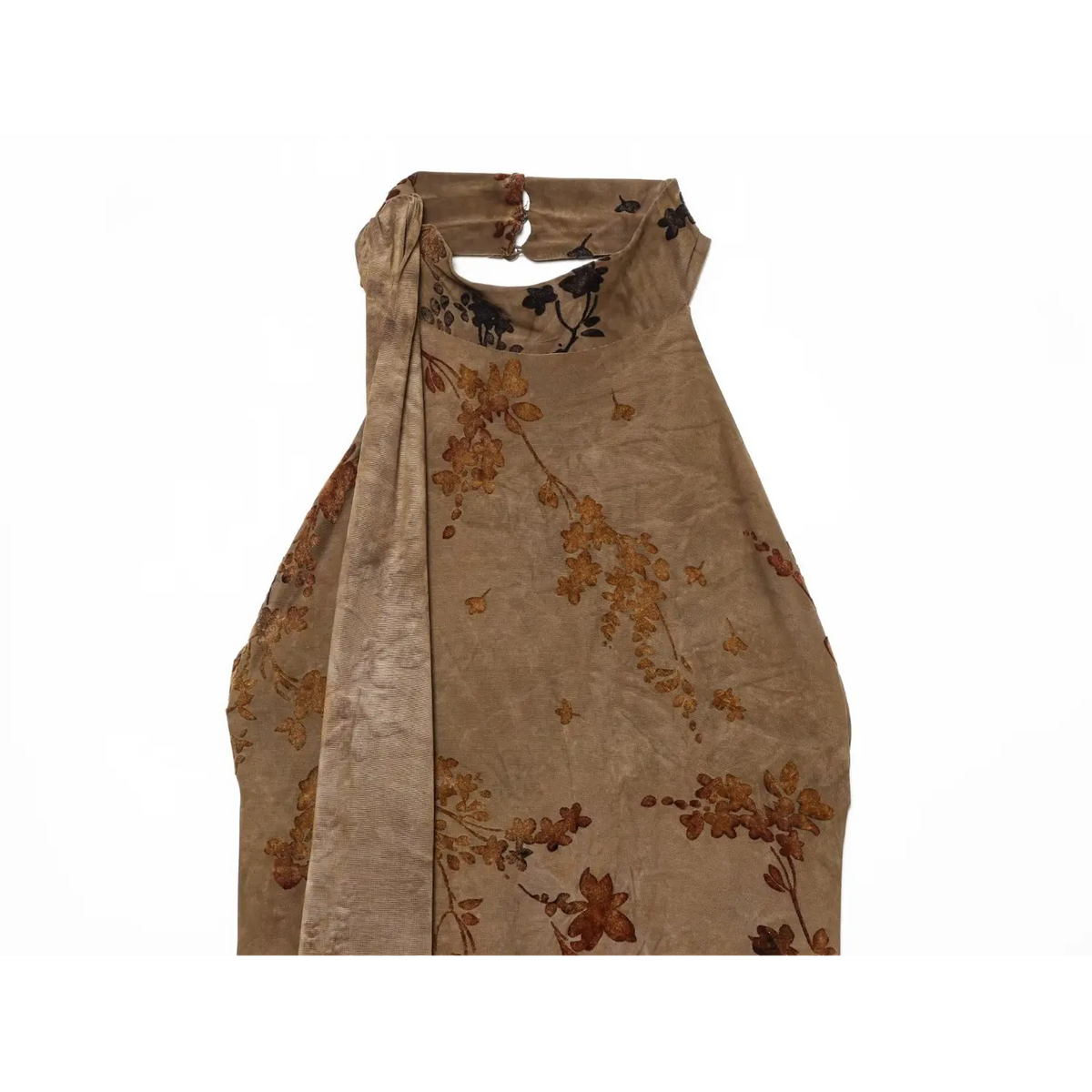 Close‑up of halter neckline and front keyhole cutout on brown floral chiffon maxi dress