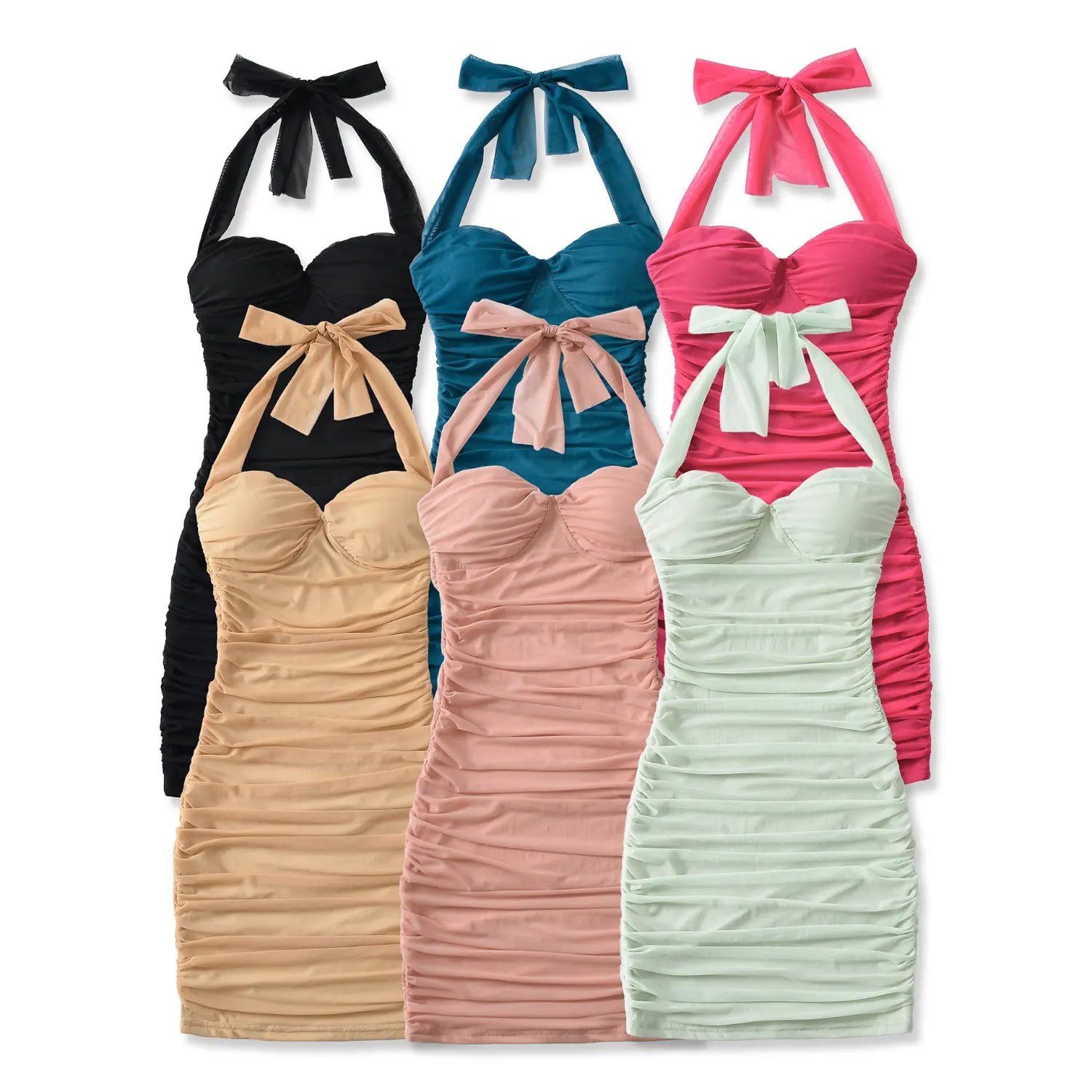 Halter neck ruched bodycon mini dress 6-color group, Mint Green, Black, Hot Pink, Blush Pink, Apricot, Lake Blue, front view