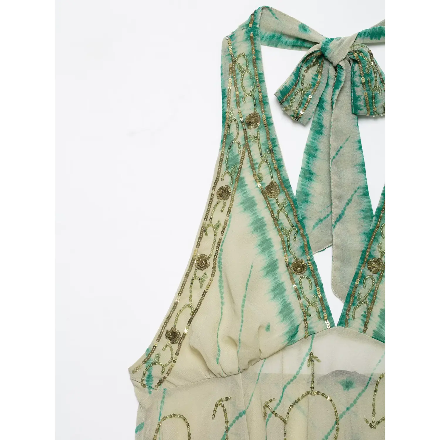Halter shoulder strap partial shot, continuous golden bead & sequin piping edging, tie-dye gradient green print