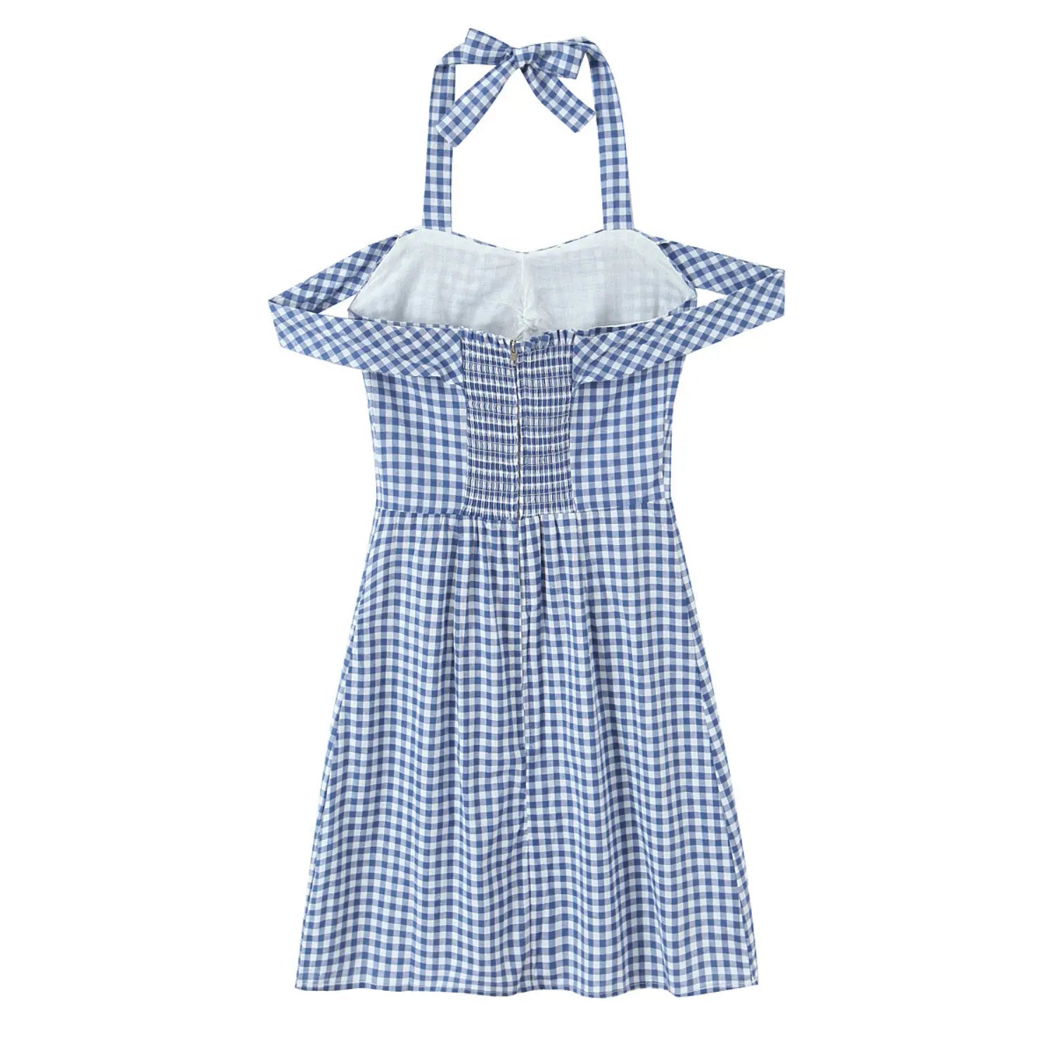 Halter self gingham fabric tie bow macro close-up, wide adjustable fabric strap folded flutter sleeve smooth binding stitching detail shot