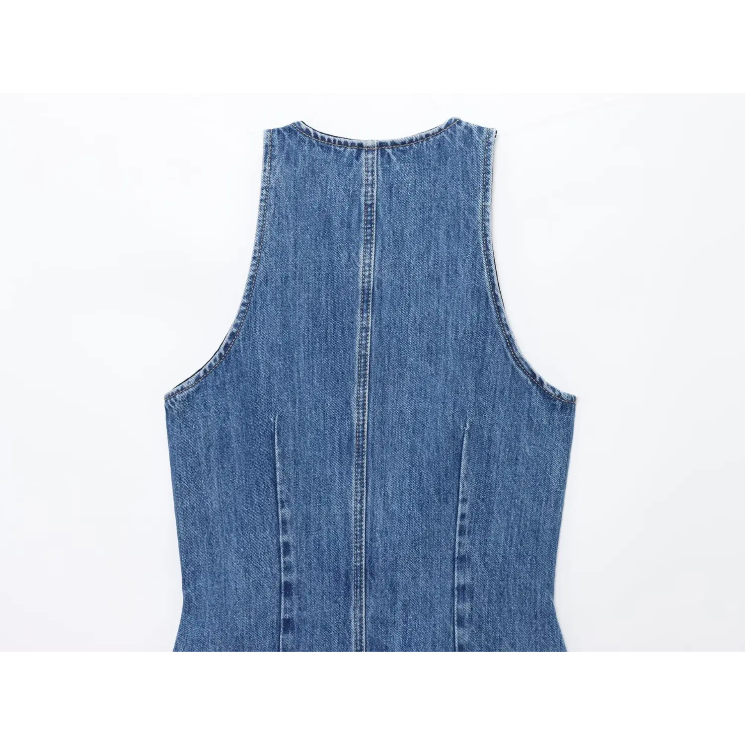 Halter Sleeveless Denim Mini Dress, Full Back Seam Detail View | Detail