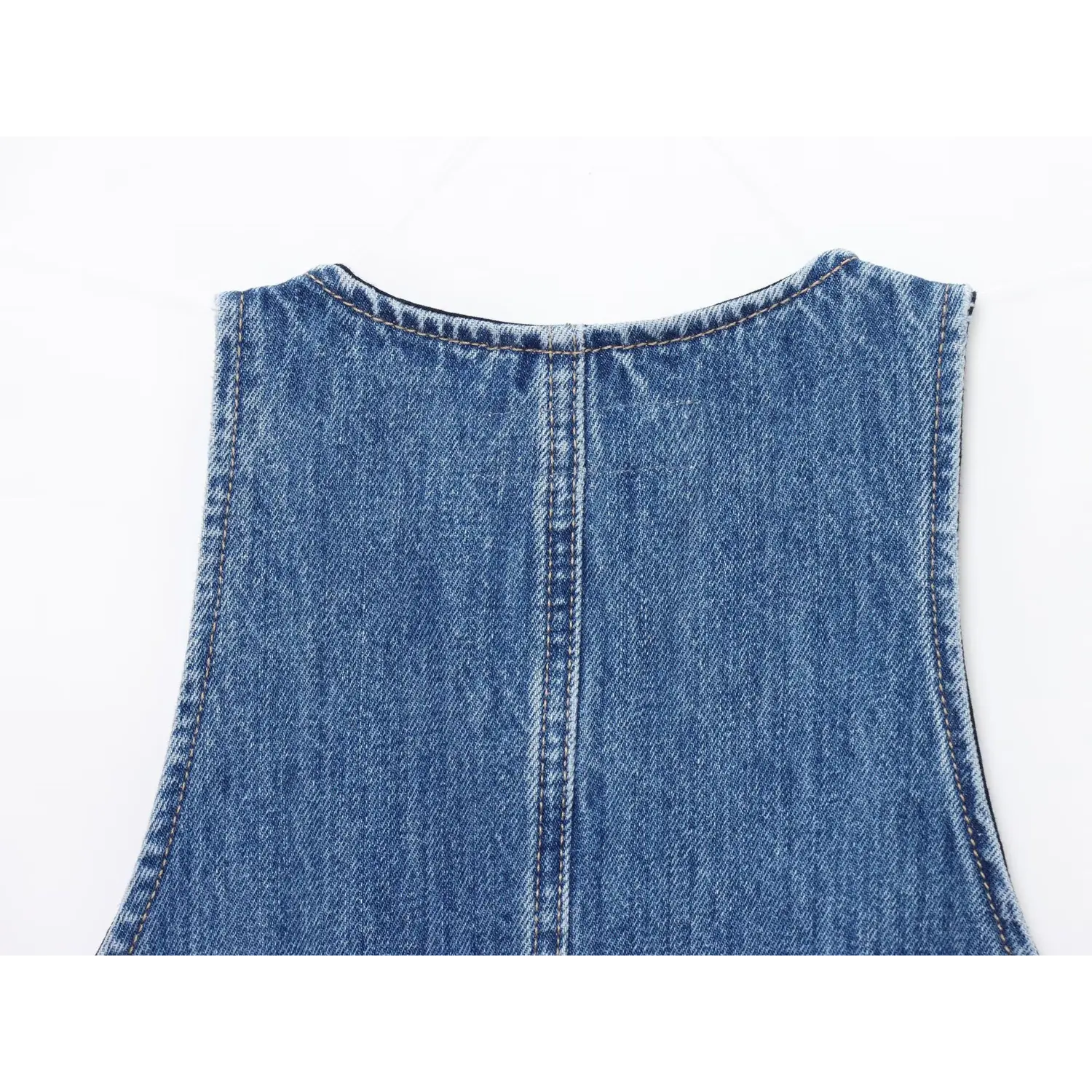 Halter Sleeveless Denim Mini Dress, Back Neck Stitching Closeup | Detail