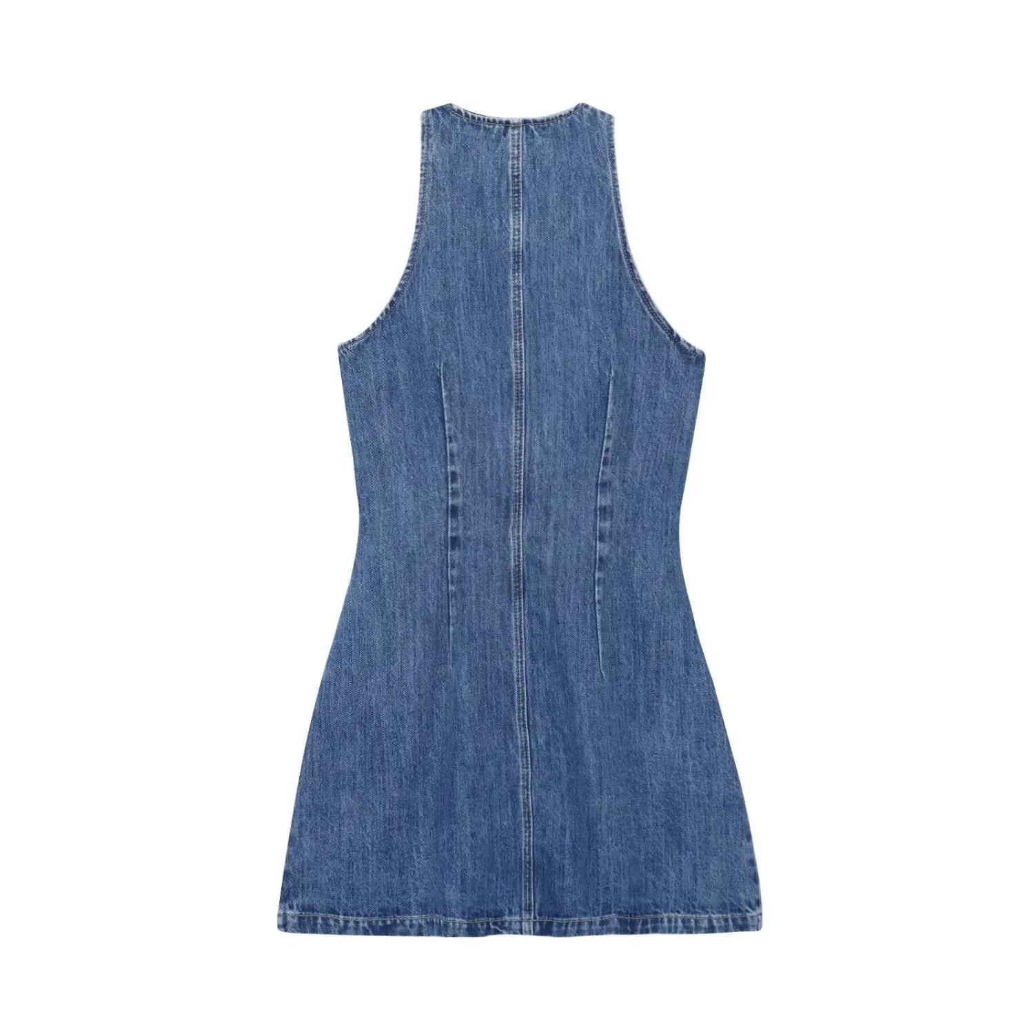 Halter Sleeveless Denim Mini Dress, Back Stitching Detail View | Detail