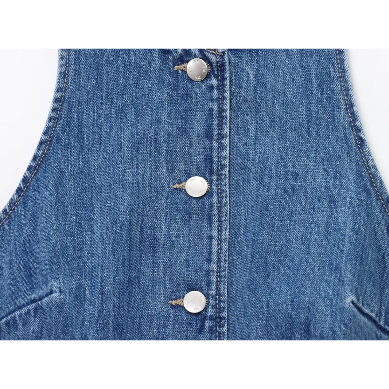 Halter Sleeveless Denim Mini Dress, Front Metal Button Placket Closeup | Detail