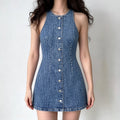 Halter Sleeveless Denim Mini Dress, Model Wearing Front View | Lifestyle