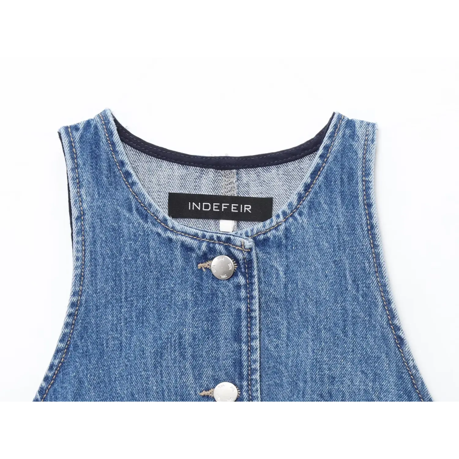 Halter Sleeveless Denim Mini Dress, Neckline Brand Label Closeup | Detail