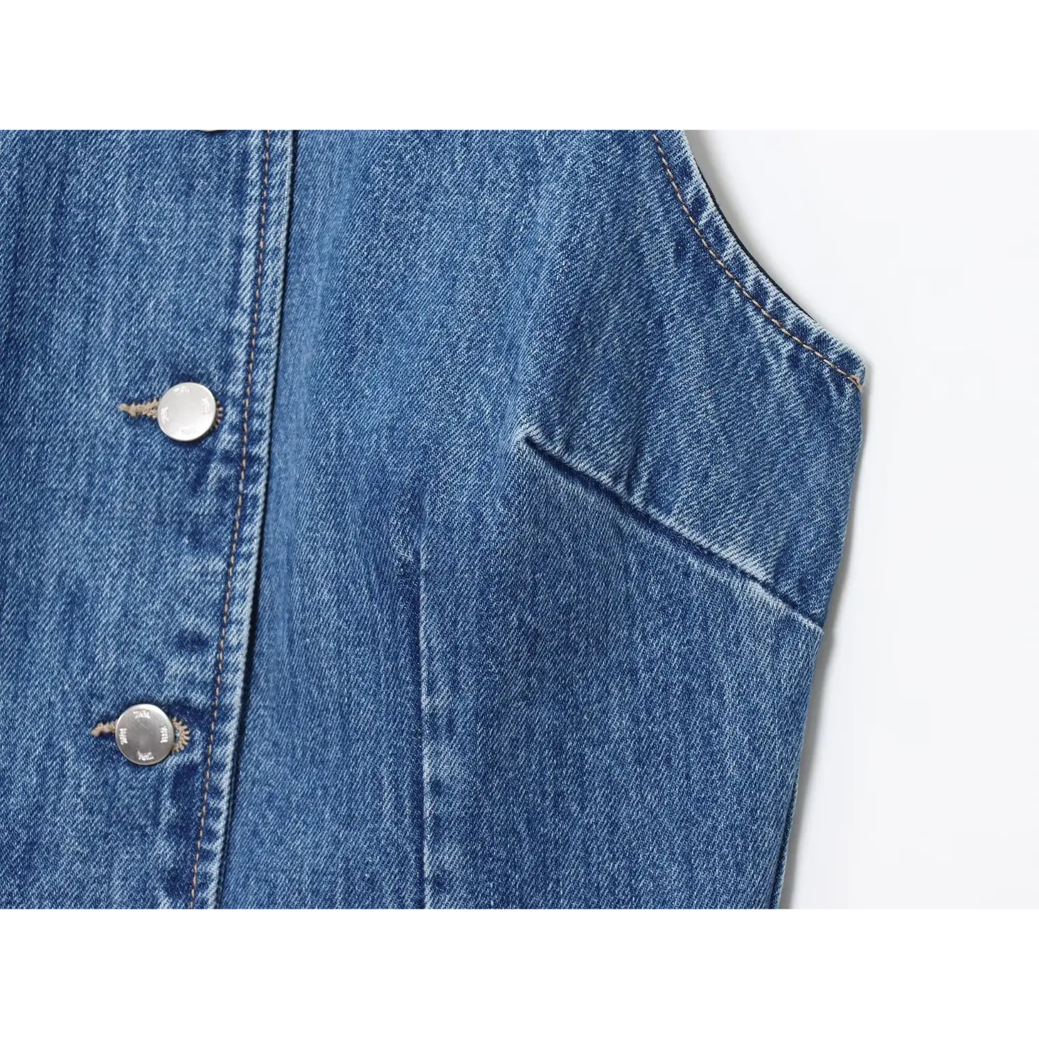 Halter Sleeveless Denim Mini Dress, Side Dart & Metal Button Closeup | Detail