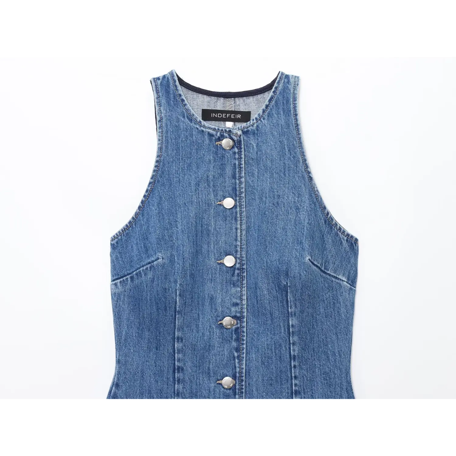 Halter Sleeveless Denim Mini Dress, Upper Front Placket View | Detail