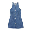 Halter Sleeveless Denim Mini Dress, Front Button Fitted Jean Dress View | Main