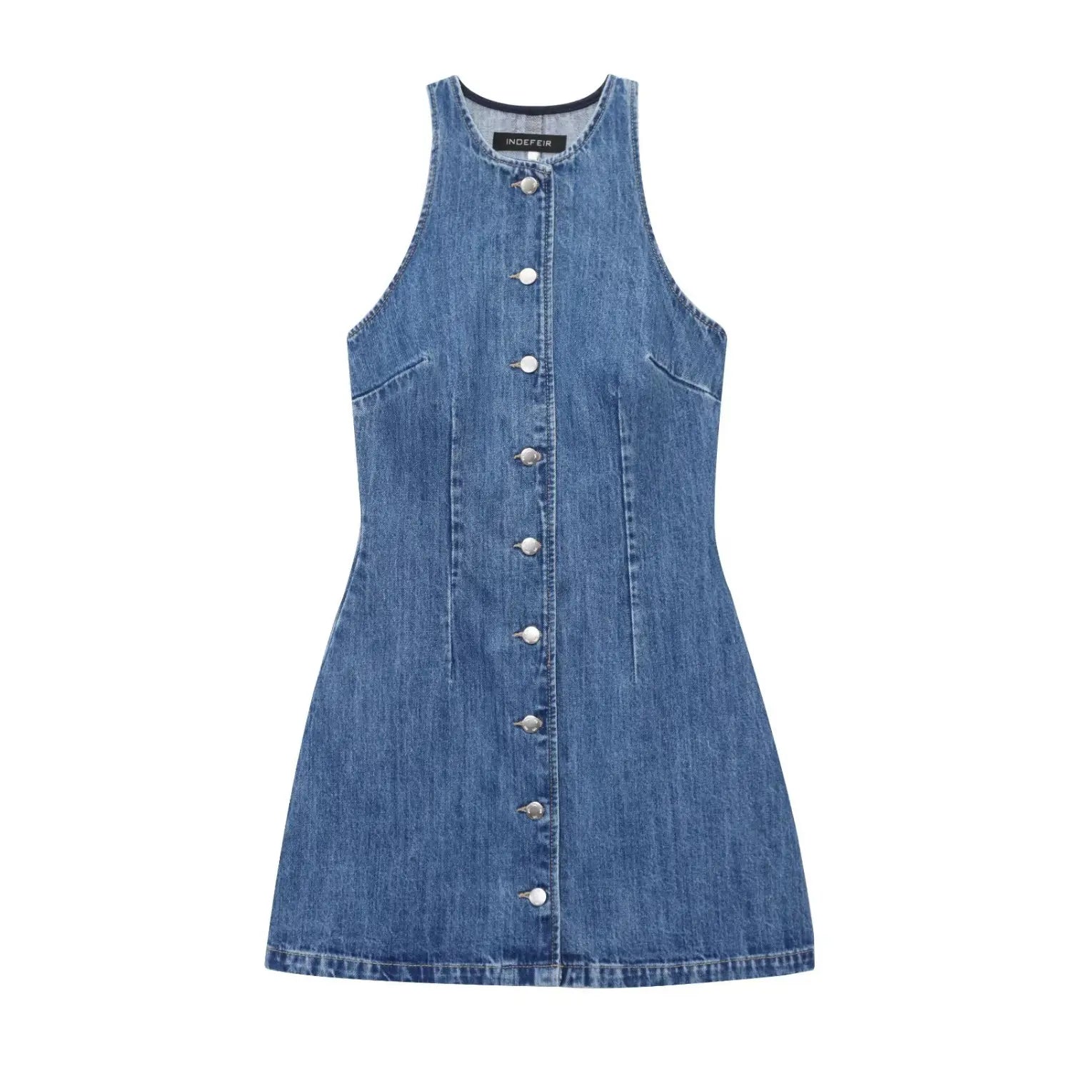 Halter Sleeveless Denim Mini Dress, Front Button Fitted Jean Dress View | Main