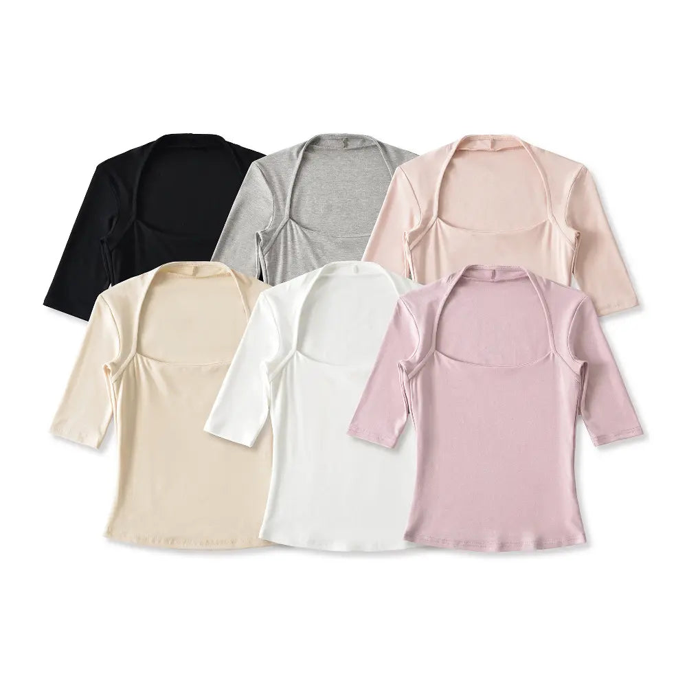 Full view of the multi-color set (black/gray/cream/white/pink) halter square-neck tops