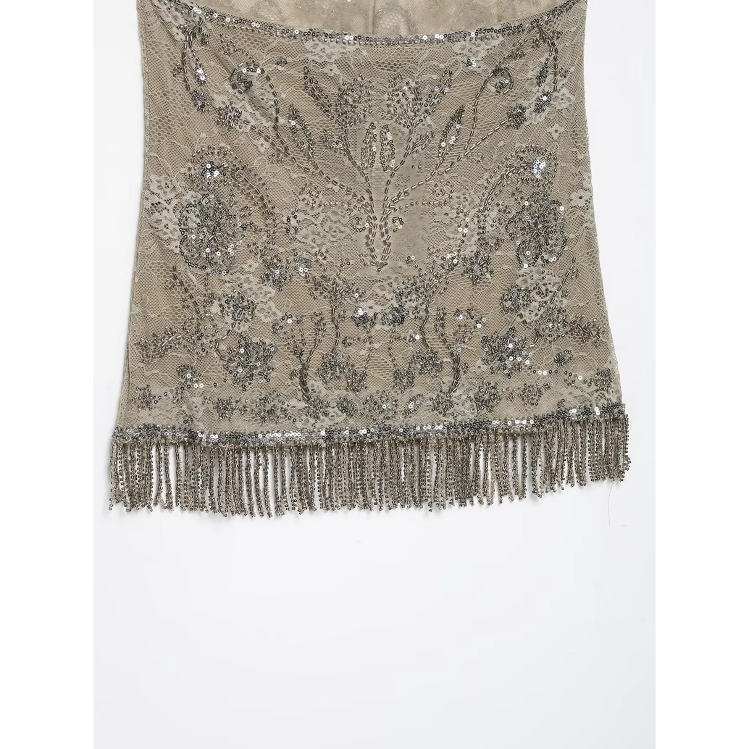 Flat lay back full view beige lace halter tank top with complete floral beadwork and beaded fringe hem