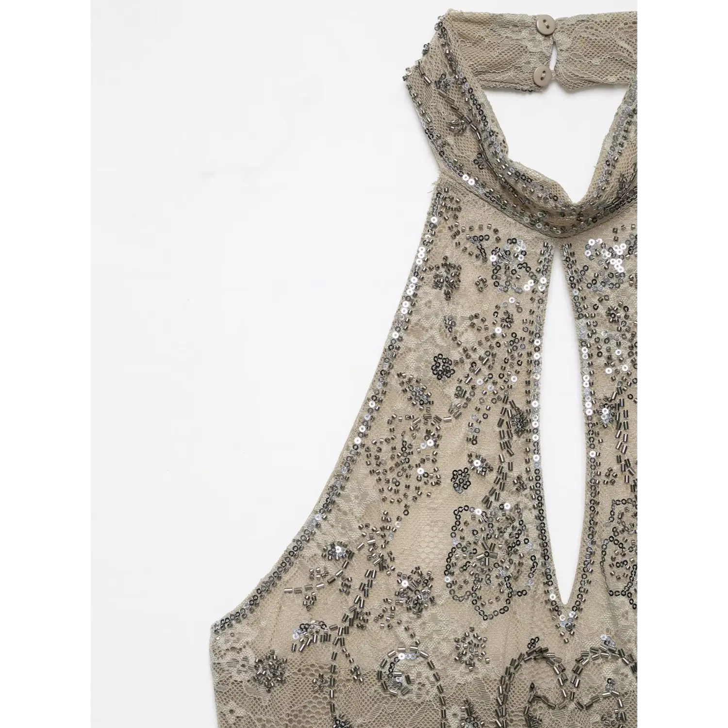 Close‑up view halter collar, back button closure and front keyhole cutout with silver sequin and tube bead embroidery on beige lace