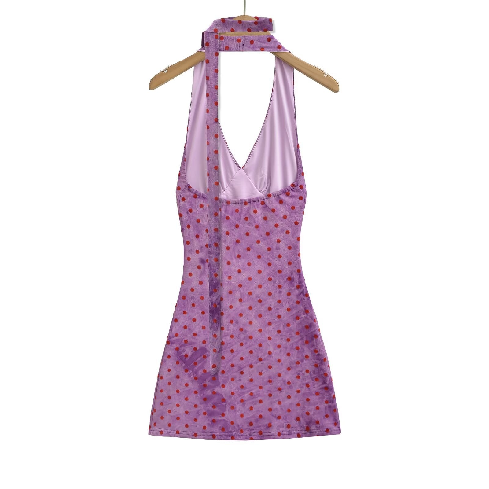 Women's polka dot halter neck mini dress with ruched waist and slim fit, featuring a wrap design in three colors by dingdingding